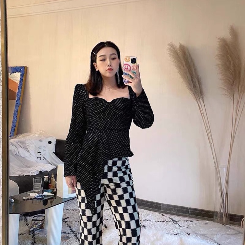 Vintage mid century style sparkle black flannel top